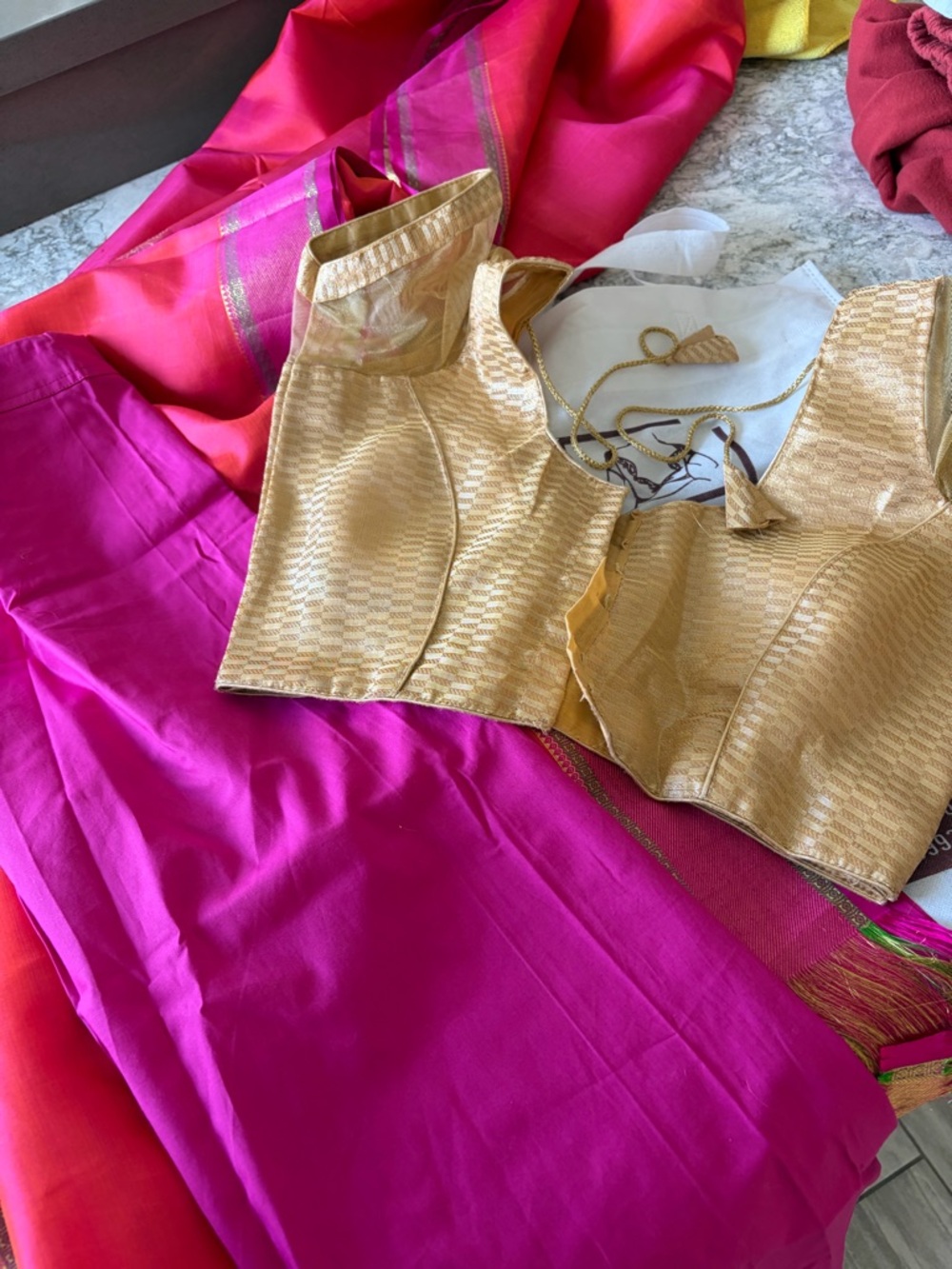 Gold Silk Blouse on Fuchsia Pink Sari